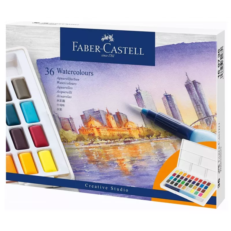 Faber-Castell Creative Studio Zestaw farb akwarelowych, 36 kolorów w kostkach z pędzlem i gąbką, paletka w wieczku, jakość studencka, transparentne, z możliwością wymiany, przenośne plastikowe pudełko