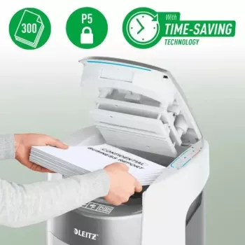 Leitz IQ Optimax AutoFeed 300 P5 niszczarka mikrocięcie z podajnikiem automatycznym na 300 arkuszy, pojemnik 60L, czarno-srebrna