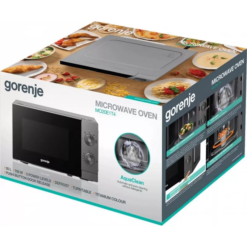 Gorenje MO20E1T4 Wolnostojąca kuchenka mikrofalowa solo, 20 L, 800 W, sterowanie elektroniczne, srebrna