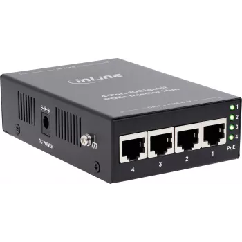 InLine 32304H 4-portowy koncentrator PoE+ 10Gigabit Injector Hub, metalowy, bez wentylatora, budżet 120W
