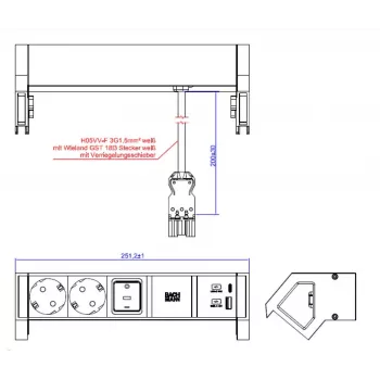 Bachmann DESK2 Biały moduł zasilania biurkowego z 2 gniazdami Schuko i USB-A/C 22W, 0,2 m GST18