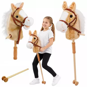 LEAN TOYS Kijek do jazdy konnej z głową konia z odgłosami galopu i rżenia, beżowy, 100 cm