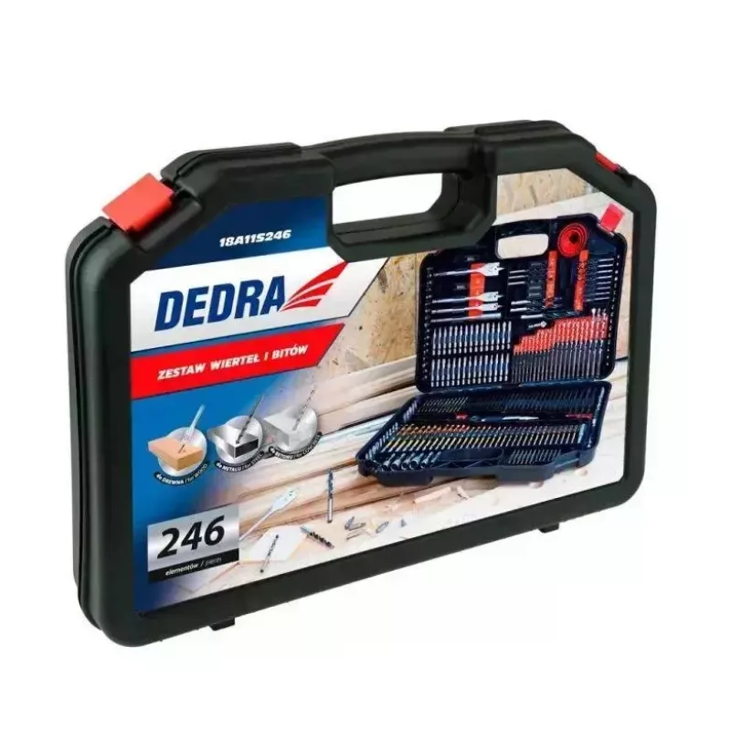 DEDRA 18A11S246 246-elementowy zestaw wierteł i bitów do wkrętarki z wiertłami HSS, do drewna, do muru i bitami CrV w walizce formowanej