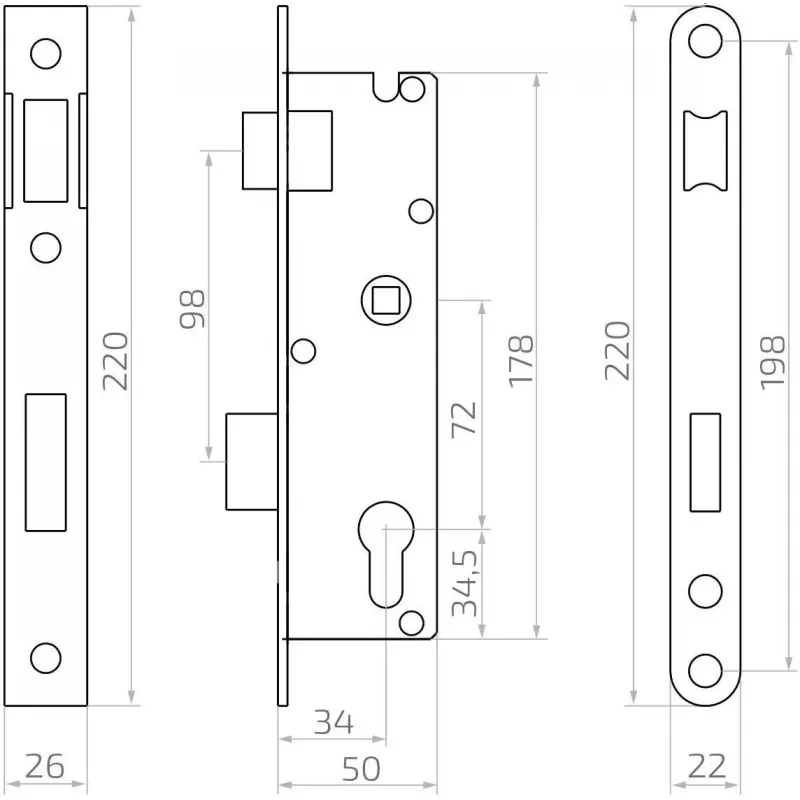 PSG 63.211 L/P Wkładka zamka z zasuwą i ryglem, rewersyjna, listwa czołowa 220 x 22 mm, PZ 72 mm, podziałka 50 mm, stal ocynkowana