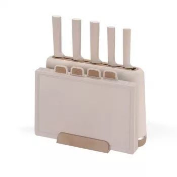 MEO MR-1412-BEIGE MAESTRO Zestaw noży z deskami do krojenia i stojakiem, 5 noży, 2 deski, beżowy