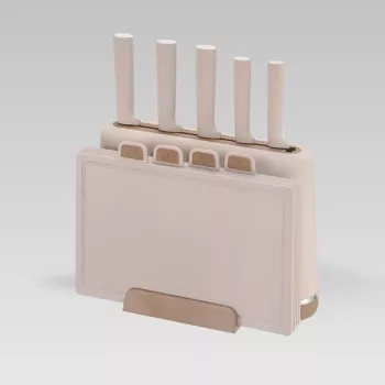 MEO MR-1412-BEIGE MAESTRO Zestaw noży z deskami do krojenia i stojakiem, 5 noży, 2 deski, beżowy