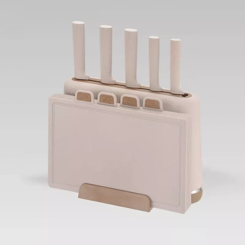 MEO MR-1412-BEIGE MAESTRO Zestaw noży z deskami do krojenia i stojakiem, 5 noży, 2 deski, beżowy