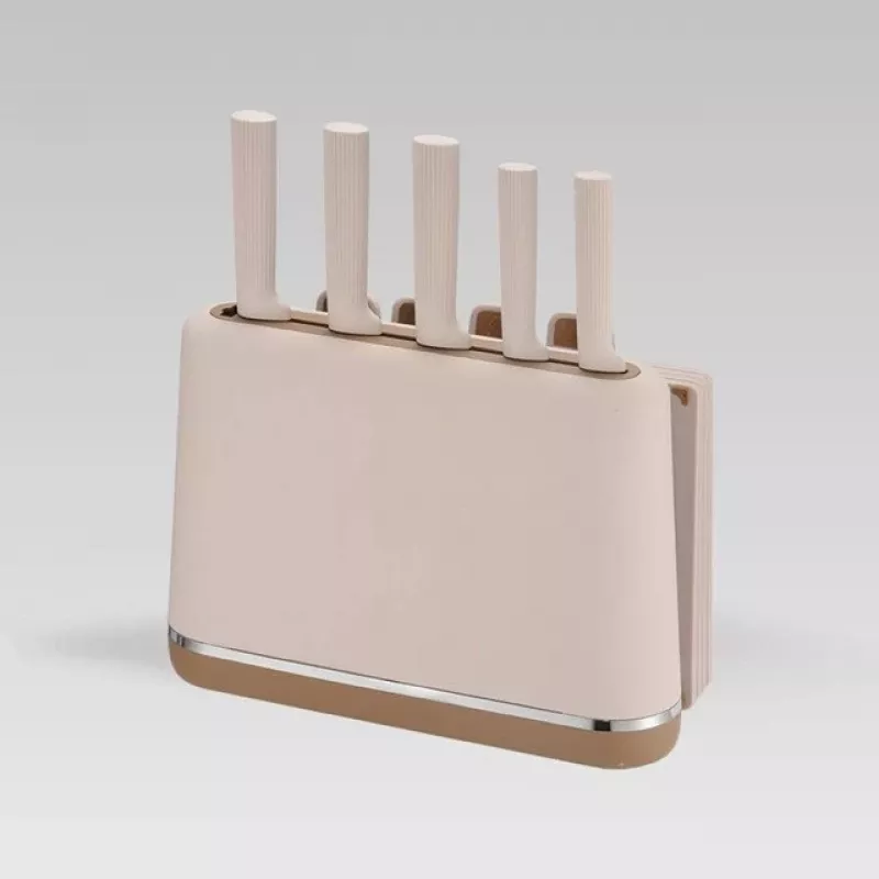 MEO MR-1412-BEIGE MAESTRO Zestaw noży z deskami do krojenia i stojakiem, 5 noży, 2 deski, beżowy