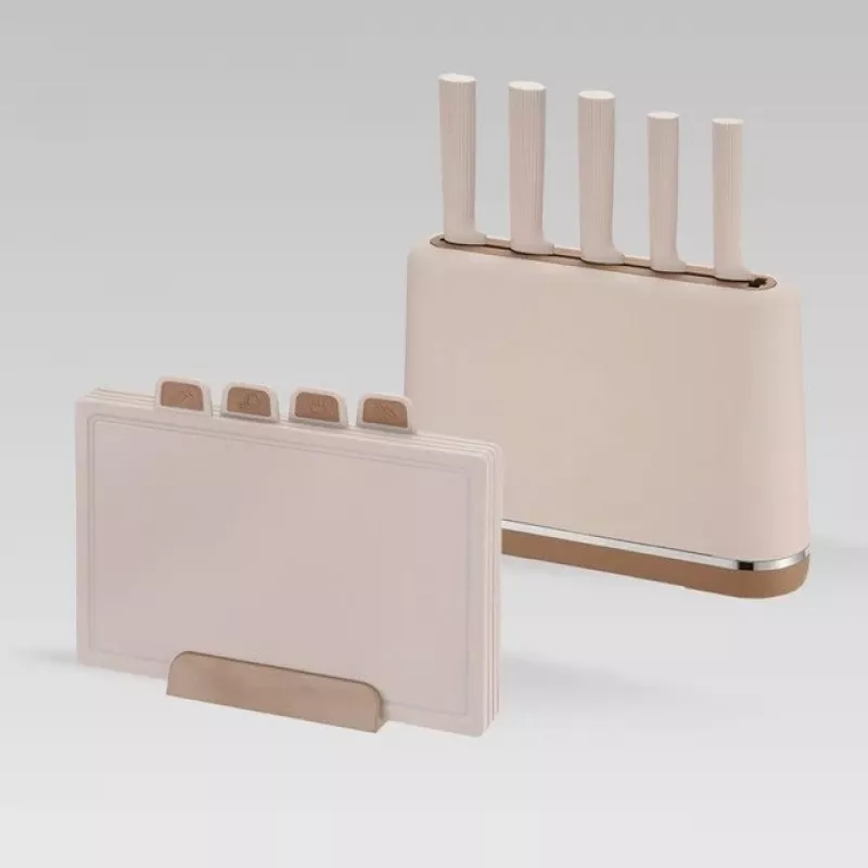 MEO MR-1412-BEIGE MAESTRO Zestaw noży z deskami do krojenia i stojakiem, 5 noży, 2 deski, beżowy