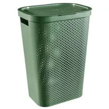 CURVER Infinity Recycled 60L Kosz na pranie, zielony, 44x35x60 cm, wentylowany kosz na pranie z recyklingowanego plastiku z pokrywą i uchwytami