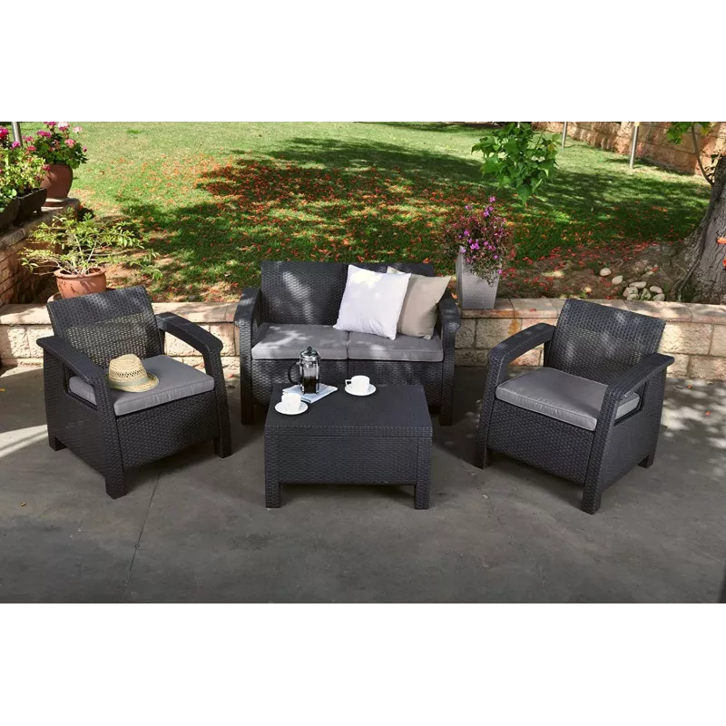 Zestaw mebli ogrodowych KETER Corfu szary - sofa 4-osobowa, 2 fotele, stolik kawowy