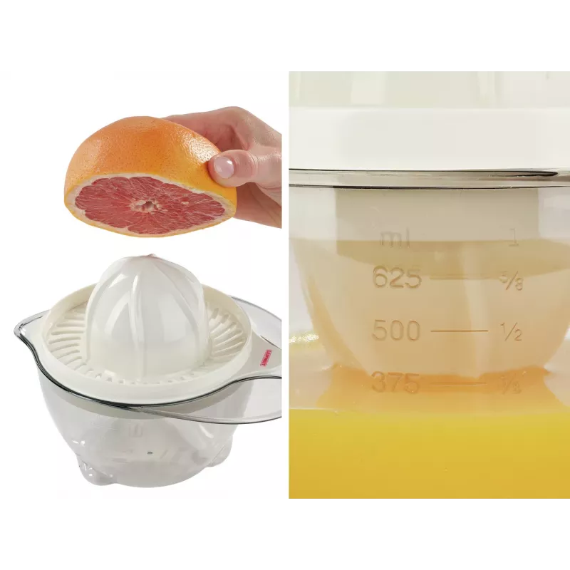 LEIFHEIT Ręczna wyciskarka do cytrusów 0,5 l z 2 stożkami, sitkiem, skalą pomiarową, antypoślizgową podstawą, zmywarka