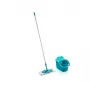 LEIFHEIT Clean & Compact zestaw do czyszczenia podłóg z mopem płaskim i wyciskarką nożną, wiadro 8 l, wkład z mikrofibry, 33 cm, biało-niebieski