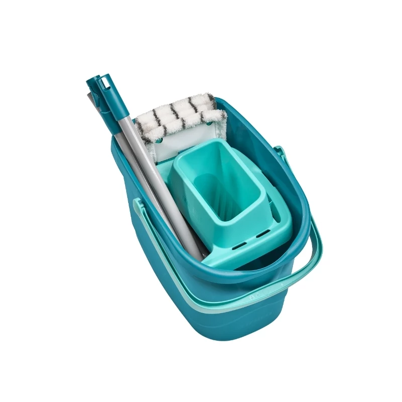 LEIFHEIT Clean & Compact zestaw do czyszczenia podłóg z mopem płaskim i wyciskarką nożną, wiadro 8 l, wkład z mikrofibry, 33 cm, biało-niebieski
