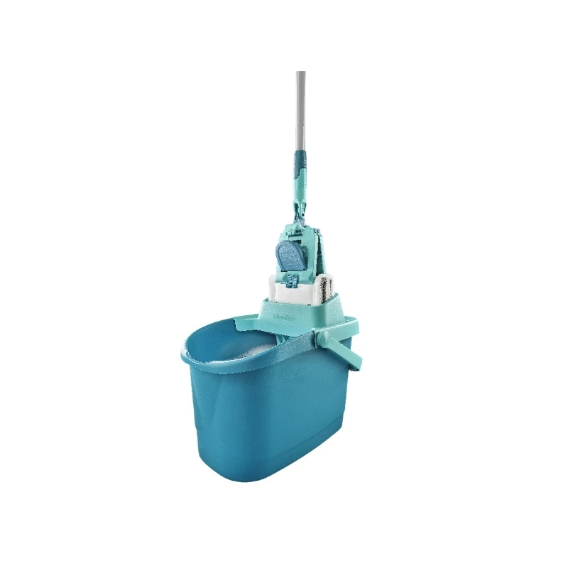 LEIFHEIT Clean & Compact zestaw do czyszczenia podłóg z mopem płaskim i wyciskarką nożną, wiadro 8 l, wkład z mikrofibry, 33 cm, biało-niebieski
