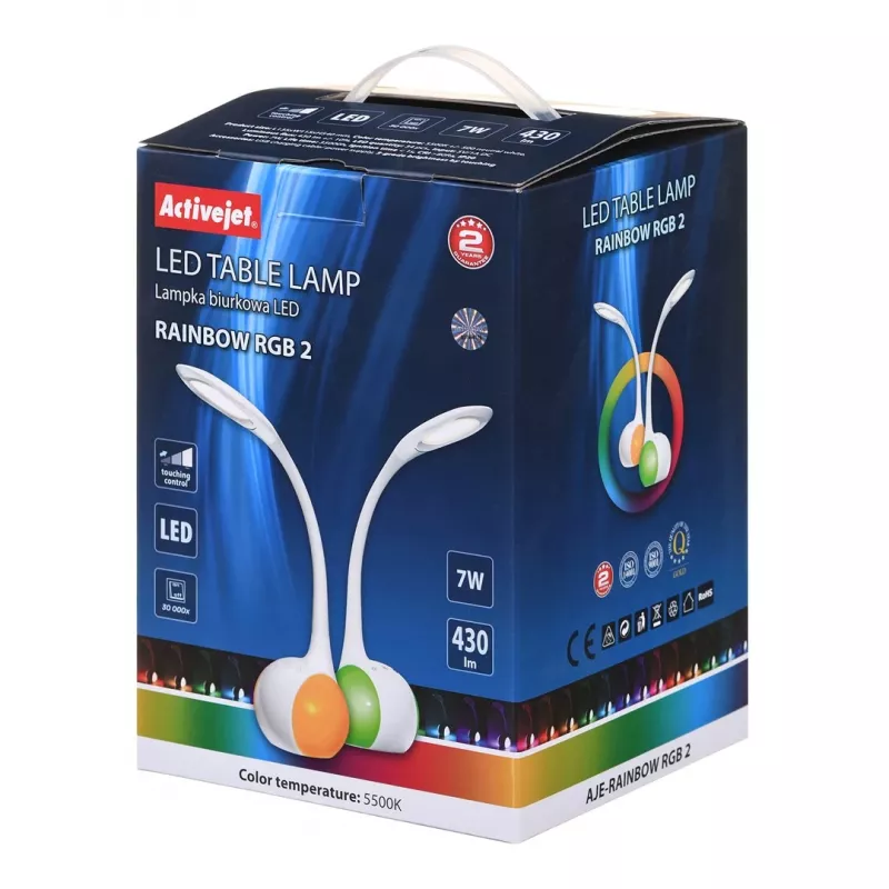 Lampa biurkowa LED Activejet AJE-RAINBOW 2 z podstawą RGB, elastycznym ramieniem, ściemnianiem, sterowaniem dotykowym, światłem głównym 7W, 350lm, 2800K-6500K, czarna
