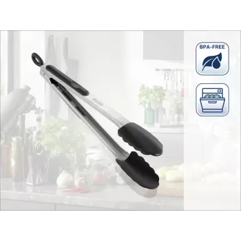 LEIFHEIT Szczypce kuchenne i do grilla 31cm, stal nierdzewna z silikonowymi końcówkami, odporność na wysoką temperaturę do 260°C, mechanizm blokujący, zmywarka do naczyń