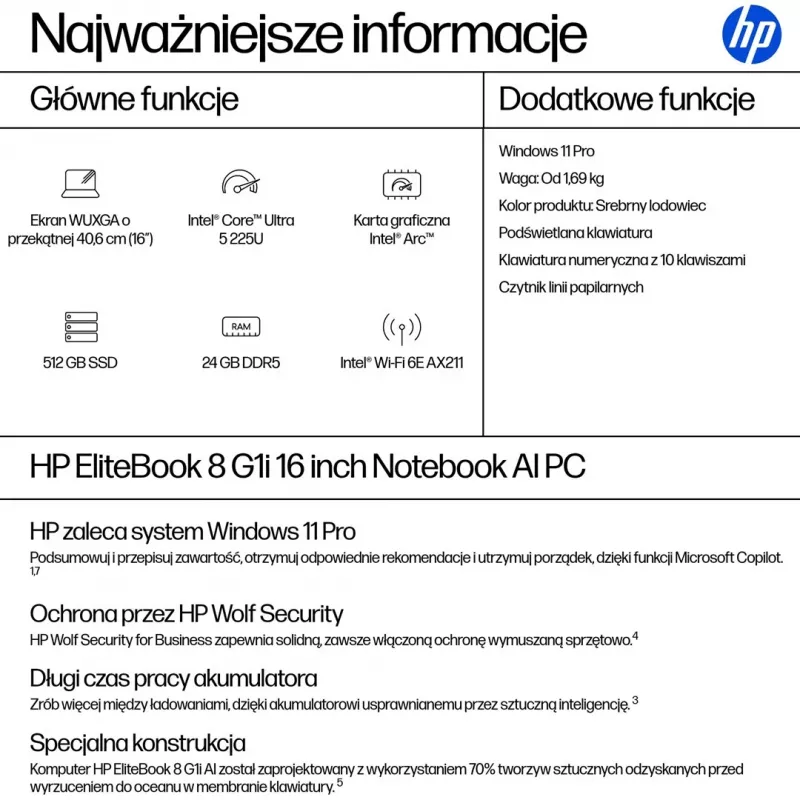 Laptop HP EliteBook 8 G1i 16 inch WUXGA - Intel Core Ultra 5 225U, 24GB RAM, 512GB SSD, Windows 11 Pro, srebrny
