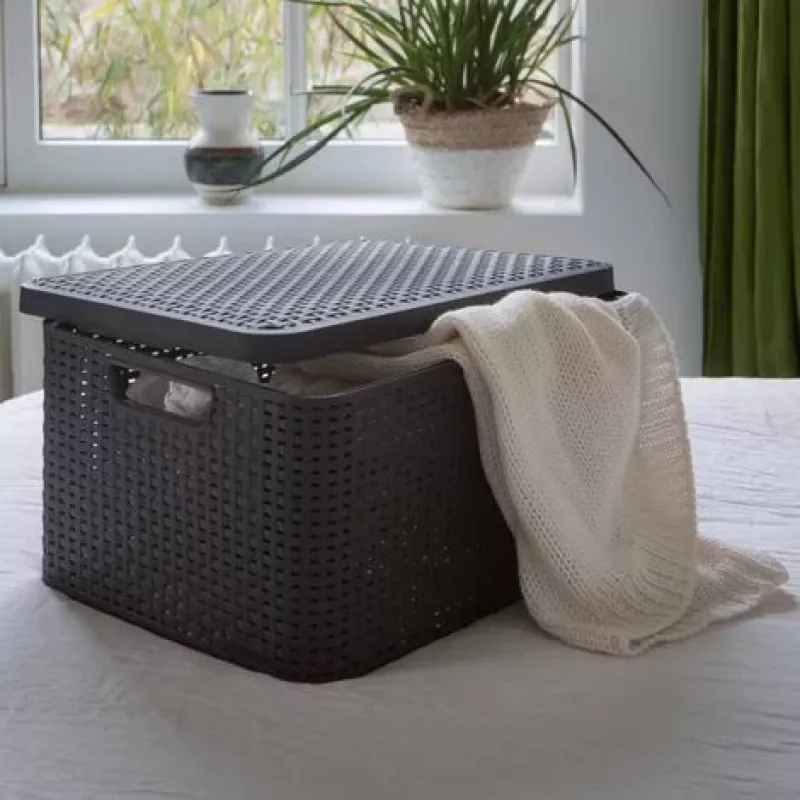 CURVER Style S Pudełko do przechowywania z pokrywką, 29,1 x 19,8 x 14,2 cm, ciemny brąz, 8,18 L, składane, metalowy uchwyt z oczkiem