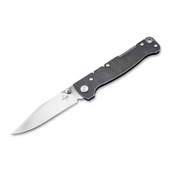 Böker Plus Atlas Clippoint TS D2 Nóż składany, rękojeść ze stali nierdzewnej Stonewash, ostrze D2, Frame Lock, kieszeniowy nóż EDC