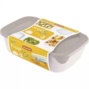 Zestaw pojemników na żywność Curver Fresh & Go, 3 prostokątne pojemniki, 2L + 1L + 0,5L, przezroczyste z kolorowymi szczelnymi pokrywkami