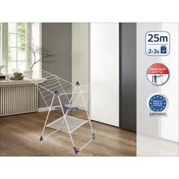 LEIFHEIT Classic 250 Flex Suszarka Wisząca - 25 m Długości Suszenia, Skrzydła z Regulacją Wysokości, Składana, Biało/Niebieska