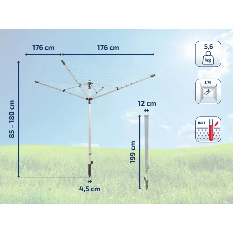 LEIFHEIT LinoLift 500 Obrotowa Suszarka Ogrodowa, 50 m Linki Suszarniczej, Rama Aluminiowa, Regulacja Wysokości 106-179 cm, Linki Odporne na UV, W Zestawie Uchwyt do Gruntu