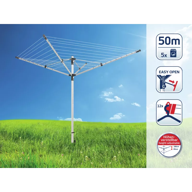 LEIFHEIT LinoLift 500 Obrotowa Suszarka Ogrodowa, 50 m Linki Suszarniczej, Rama Aluminiowa, Regulacja Wysokości 106-179 cm, Linki Odporne na UV, W Zestawie Uchwyt do Gruntu