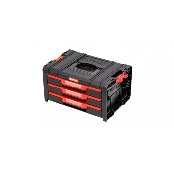 QBRICK SYSTEM PRO DRAWER 3 Toolbox 2.0 Basic Modułowy Organizer Narzędziowy z 3 Płytkimi Szufladami, Czarno/Czerwony, Metalowe Prowadnice, Ładowność Całkowita 15kg