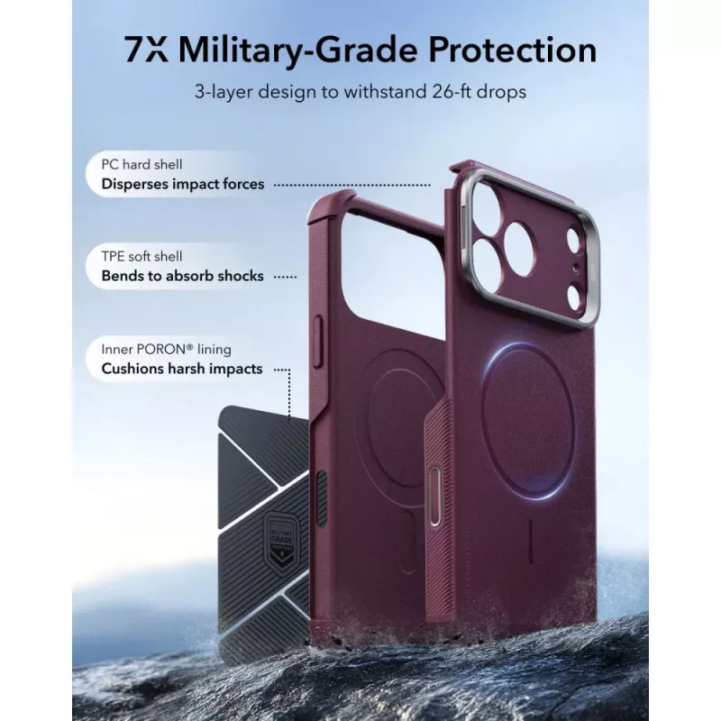 ESR Cyber Tough Kickstand etui MagSafe do iPhone 17 Pro / 18 Pro – Deep Burgundy