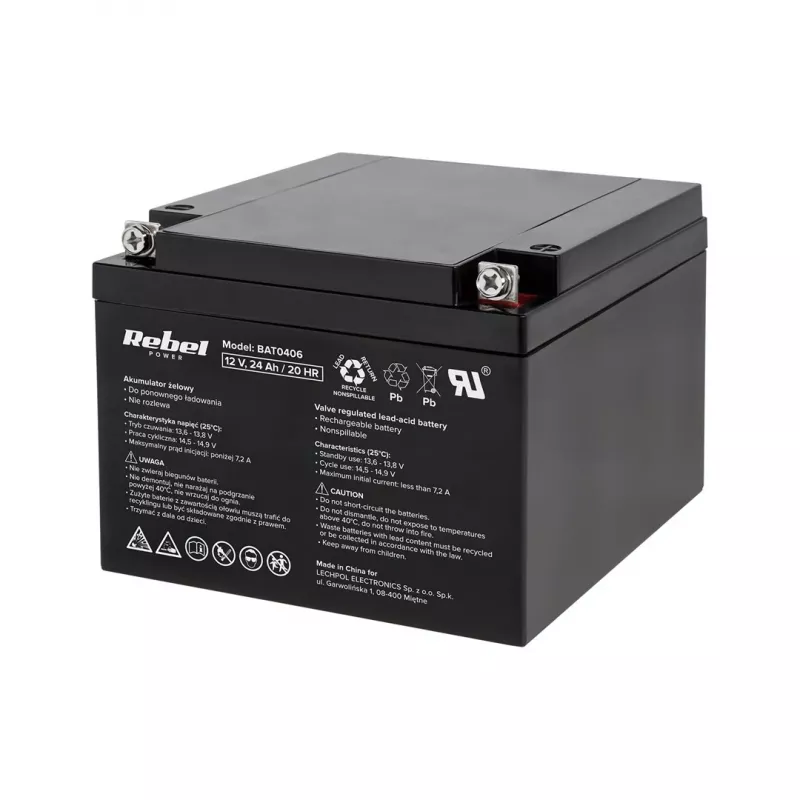 Akumulator żelowy Rebel 12V 24Ah VRLA AGM Deep Cycle do UPS, instalacji solarnej, alarmu