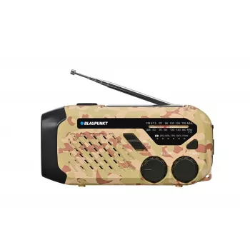 Blaupunkt ER10DC Radio awaryjne z panelem słonecznym, korbką, power bankiem, latarką LED, syreną SOS, AM/FM, kamuflaż pustynny