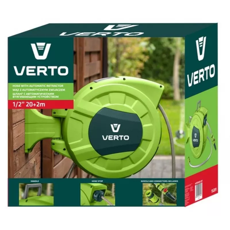 Verto 15G891 3-warstwowy wzmocniony wąż ogrodowy z PVC, 1/2 inch x 20 m, odporny na UV i glony, ciśnienie rozrywające 20 bar, zielony