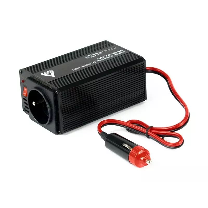 AZO Digital IPS-400 400W 12V DC na 230V AC falownik modyfikowany sinus z gniazdem Schuko, zaciskami akumulatorowymi i wtyczką zapalniczki samochodowej