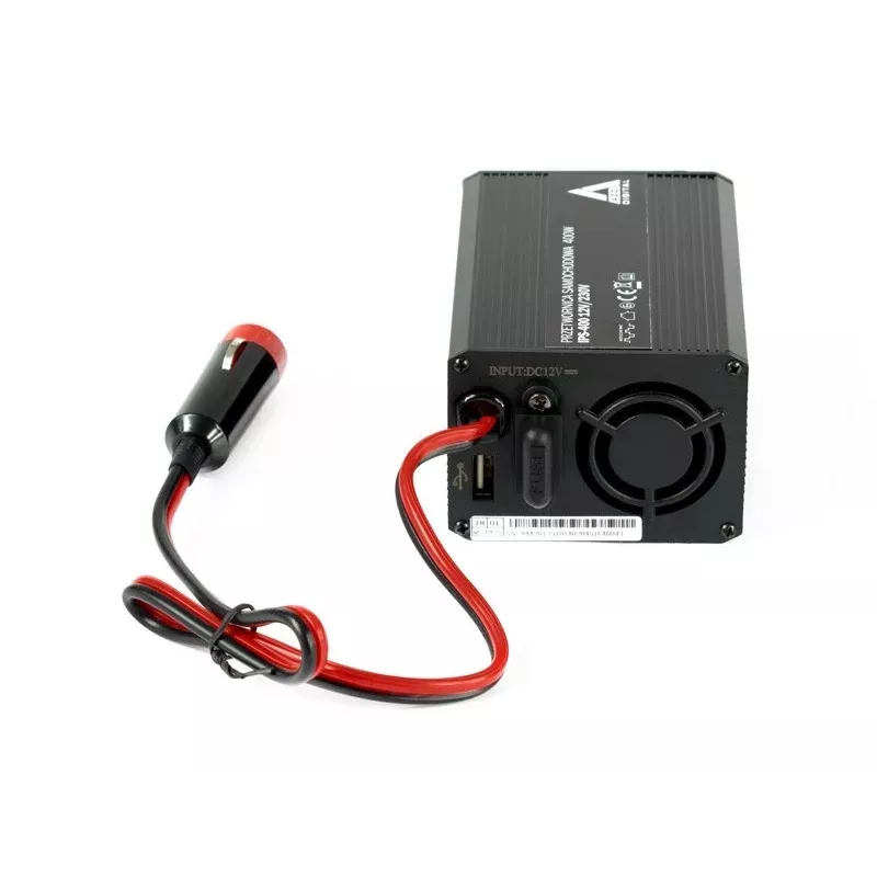 AZO Digital IPS-400 400W 12V DC na 230V AC falownik modyfikowany sinus z gniazdem Schuko, zaciskami akumulatorowymi i wtyczką zapalniczki samochodowej