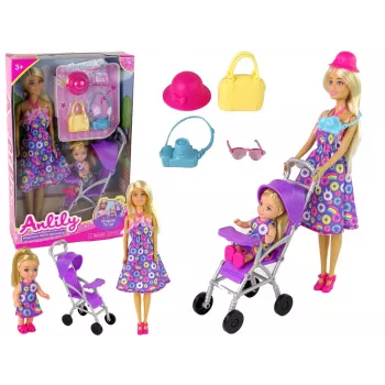 LEAN TOYS Zestaw lalka z wózkiem dla dzieci z akcesoriami – różowy wózek z miękką lalką, butelką do karmienia, kocykiem i torbą