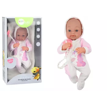 LEAN TOYS Lalka niemowlęca ze smoczkiem, body jednorożca, różowym kocykiem i akcesoriami, 35 cm