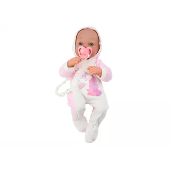 LEAN TOYS Lalka niemowlęca ze smoczkiem, body jednorożca, różowym kocykiem i akcesoriami, 35 cm