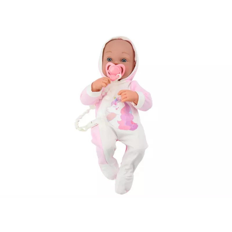 LEAN TOYS Lalka niemowlęca ze smoczkiem, body jednorożca, różowym kocykiem i akcesoriami, 35 cm