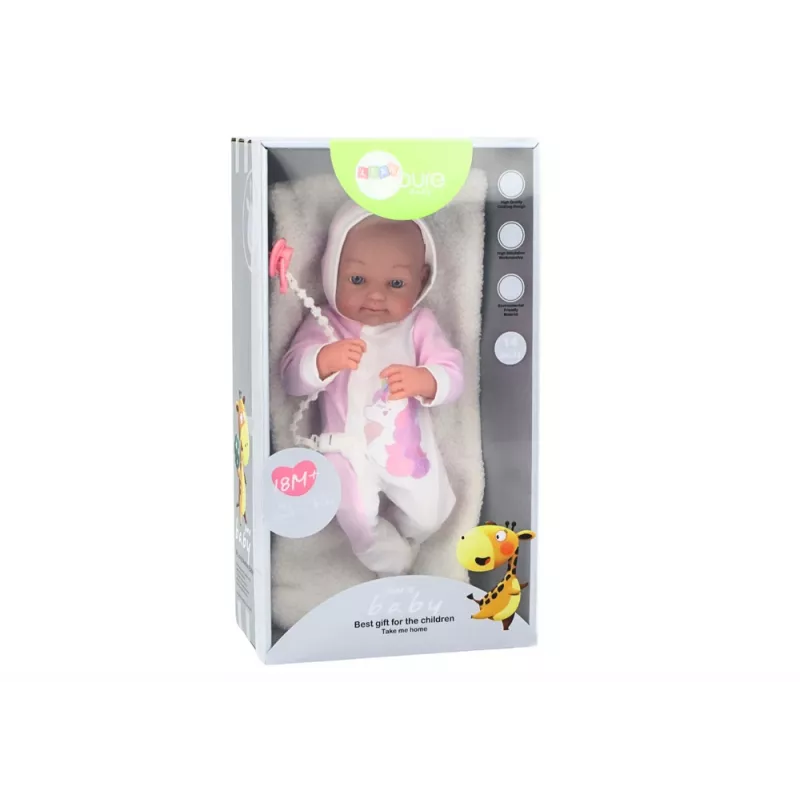 LEAN TOYS Lalka niemowlęca ze smoczkiem, body jednorożca, różowym kocykiem i akcesoriami, 35 cm