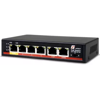 GETFORT GF-106D-4P-65 6-portowy przełącznik Fast Ethernet PoE+ z 4 portami PoE i 2 portami uplink, budżet 65W, metalowa obudowa biurkowa