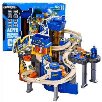LEAN TOYS Interaktywny Tor Samochodowy Parking Warsztat Myjnia Samochodowa z 8 Niebieskimi Samochodzikami
