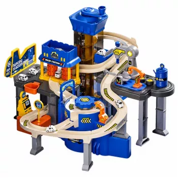 LEAN TOYS Interaktywny Tor Samochodowy Parking Warsztat Myjnia Samochodowa z 8 Niebieskimi Samochodzikami
