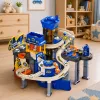 LEAN TOYS Interaktywny Tor Samochodowy Parking Warsztat Myjnia Samochodowa z 8 Niebieskimi Samochodzikami