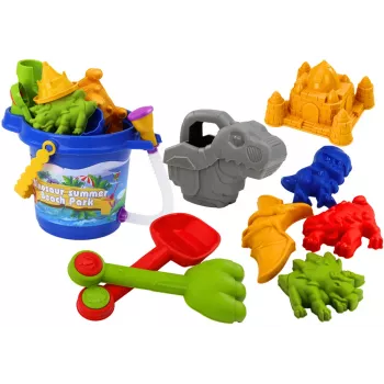 LEAN TOYS Zestaw wiaderko do piasku z prysznicem, łopatką, grabkami, foremkami, dinozaurami