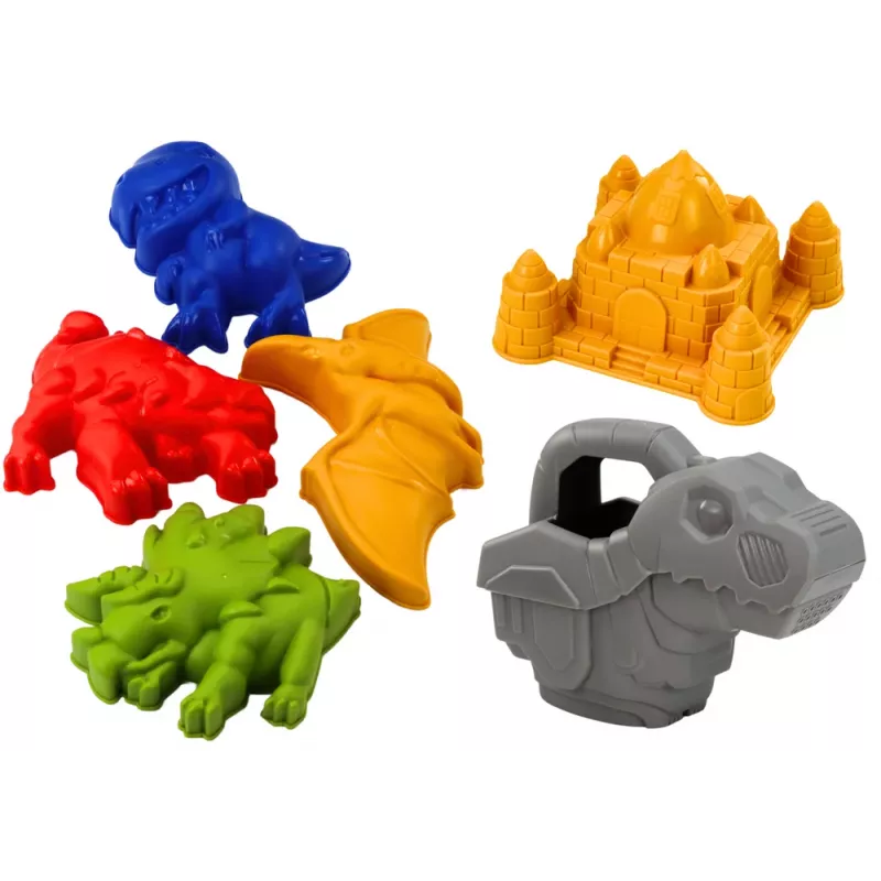 LEAN TOYS Zestaw wiaderko do piasku z prysznicem, łopatką, grabkami, foremkami, dinozaurami