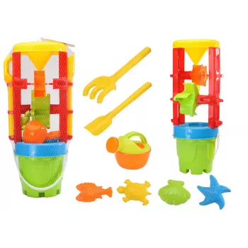 LEAN TOYS 18546 Zestaw zabawek do piasku z dużą piaskownicą, wiaderkiem i kolorowymi foremkami – 7-elementowy zestaw do zabawy na plaży i w piaskownicy dla dzieci od 12 miesięcy