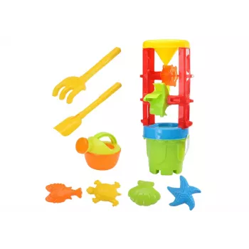 LEAN TOYS 18546 Zestaw zabawek do piasku z dużą piaskownicą, wiaderkiem i kolorowymi foremkami – 7-elementowy zestaw do zabawy na plaży i w piaskownicy dla dzieci od 12 miesięcy