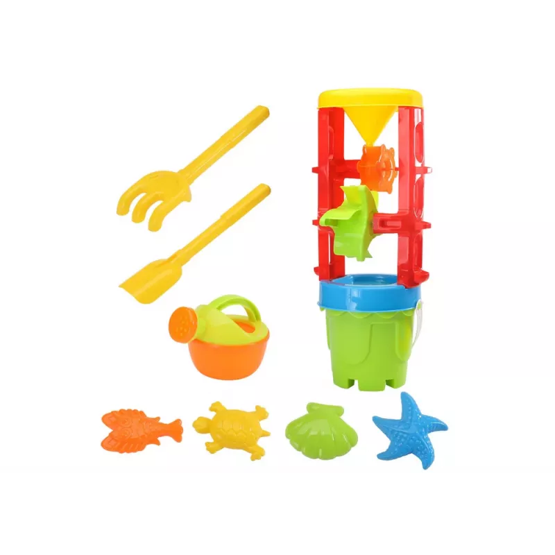 LEAN TOYS 18546 Zestaw zabawek do piasku z dużą piaskownicą, wiaderkiem i kolorowymi foremkami – 7-elementowy zestaw do zabawy na plaży i w piaskownicy dla dzieci od 12 miesięcy