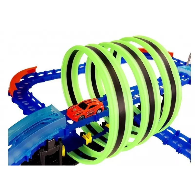 LEAN TOYS Tor wyścigowy świecący w ciemności z pętlami i samochodem zdalnie sterowanym